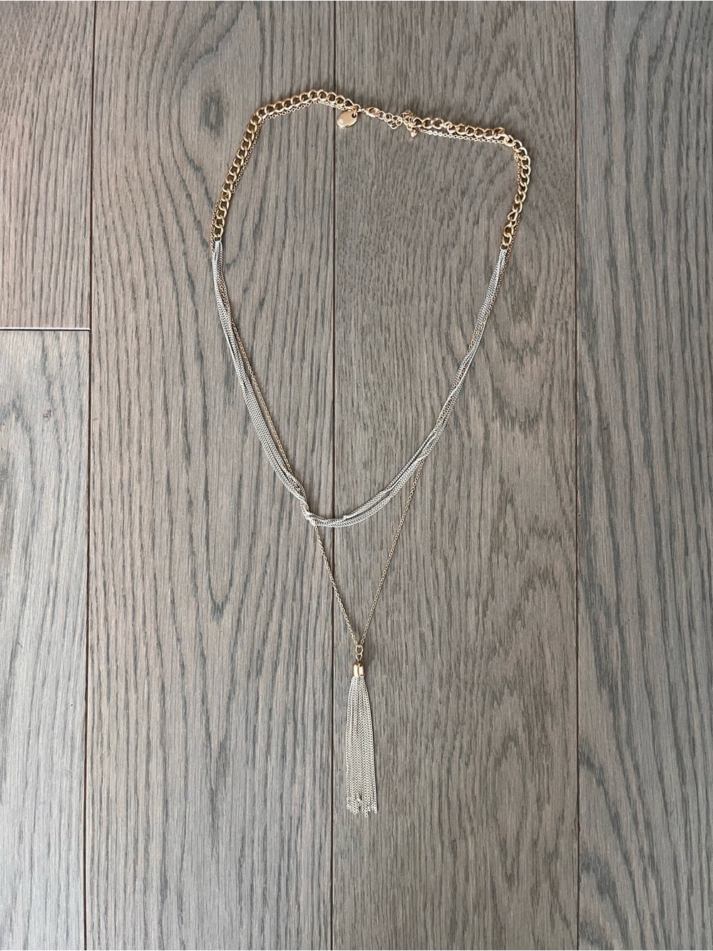 Simons | Two-Tone Layered Tassel Necklace — Gold and Silvery/White